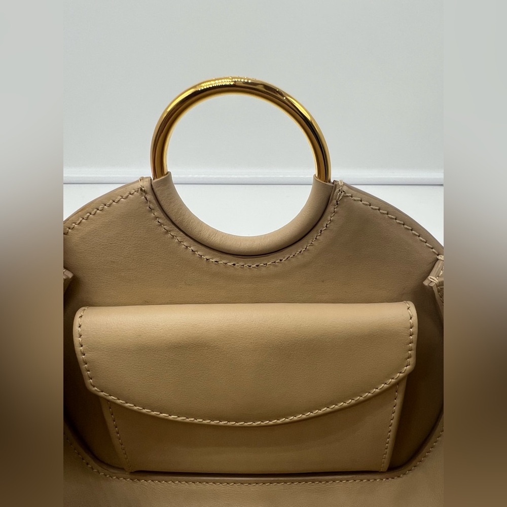 NEW POLÈNE Numero Six Sand Beige Leather Gold Hardware Round Clutch Wristlet - Picture 15 of 17